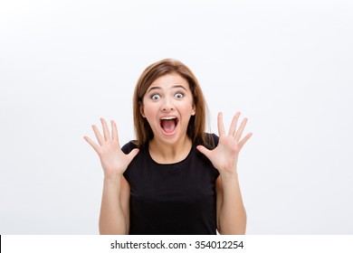 Scared Screaming Young Female In Black Top Over White Background