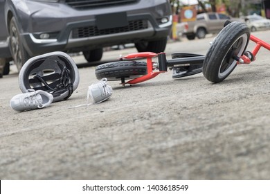 Scared And Stressed Desperate Drunken Driver And Bottle Of Beer In Front Of Automobile Crash Car With Child Bike After Traffic Accident In City Road