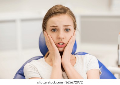 Scared And Terrified Patient Girl At Dental Clinic