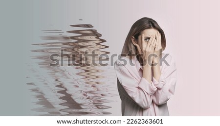Scared woman having hallucination on light background. Distorted image