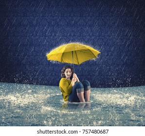 Scared Woman Holding An Umbrella While It Raining In The House, And The Floods Came Inside.
