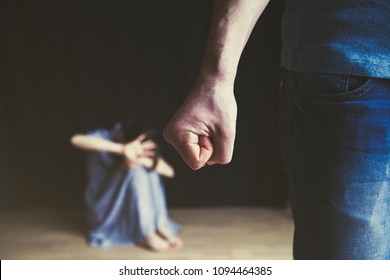Scared woman protecting from mans aggression. Domestic violence concept