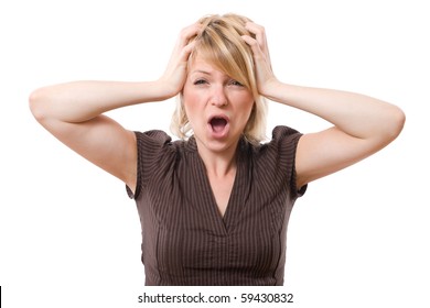 scared woman screaming with hands on the head isolated on white background