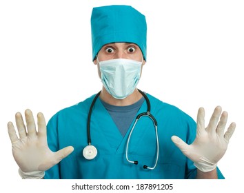 Scared Young Doctor(nurse, Student) Wearing Scrubs