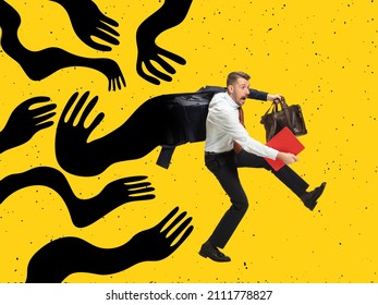 Scared Young Man, Business Man Running Away From Giant Drawn Black Creeping Arms. Contemporary Art Collage. Concept Of Influence, Manipulation And Addiction. Inner World, Psychology, Diversity.