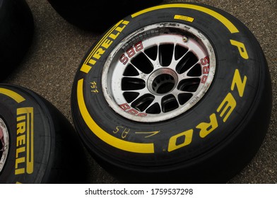 Scarperia, ITALY November 2015: Pirelli tyres for Formula One cars in the paddock of Mugello Circuit.