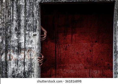 Scary Abandoned Building With Blood Wall And Ghost Hand Coming Out Of A Door