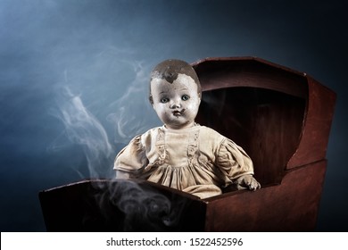 Scary Abandoned Old Baby Doll In A Cradle With Mist