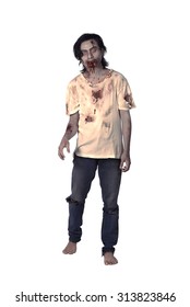 Scary Asian Male Zombie Isolated Over White Background