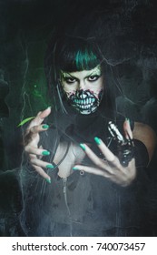 Scary Assasin Undead Woman With Finger Claw Studio Shot