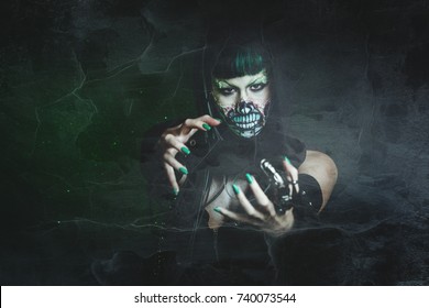 Scary Assasin Undead Woman With Finger Claw Studio Shot