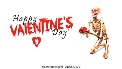 scary card Happy Valentine's Day. skeleton keeps its heart isolated on a white background. Life, love and death concept. immortal love