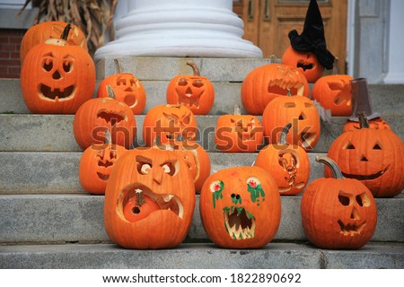 scary carved pumpkins (Jack-o'-lanterns) display for Halloween, Stowe, Vermont, USA
