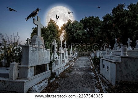 Scary cemetery landscape with crows, graveyard tombstones background, Halloween horror night. Gloomy tombstones and huge full spooky moon, gravestones and creepy dark graves