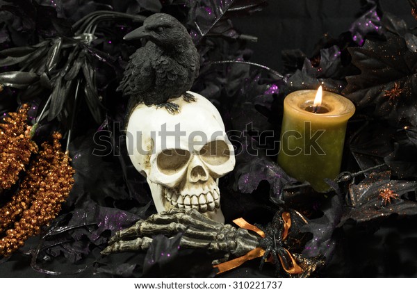 Scary Creepy Halloween Decorations Skulls Ravens Stock Photo Edit