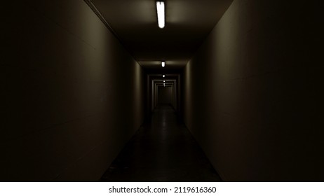 Scary Dark Corridor, Tunnel, Underground Walkway. Mysterious And Dark Place. Horror Concept.