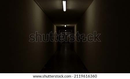 Scary dark corridor, tunnel, underground walkway. Mysterious and dark place. Horror concept.