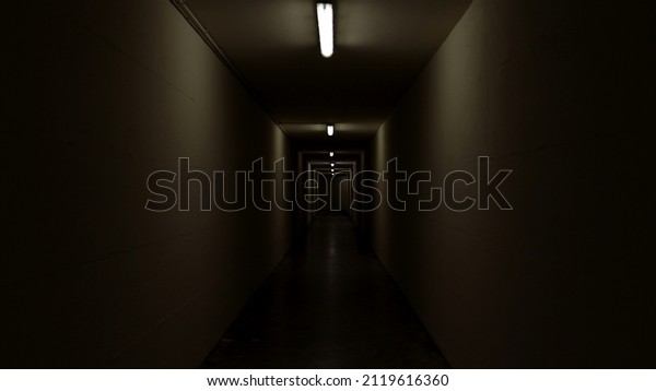 Scary dark corridor, tunnel,\
underground walkway. Mysterious and dark place. Horror\
concept.