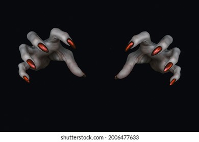 Scary deathly pale knobby fingers with sharp red nails in the dark. Witch hands put a spell, low key, selected focus.