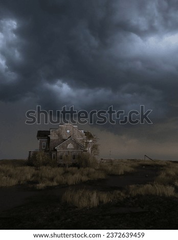Scary dilapidated abandoned house under a dark cloudy sky