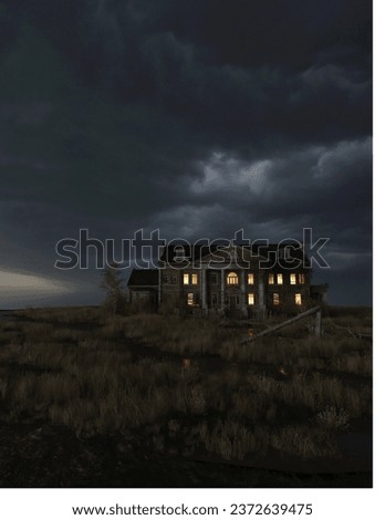 Scary dilapidated abandoned house under a dark cloudy sky Stock photo © 