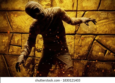 Scary evil mummy climbs out of an ancient Egyptian tomb. Halloween. Ancient Egyptian mythology.
