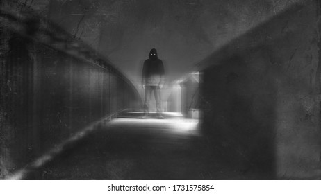 A Scary Figure With Glowing Eyes Standing On A Bridge At Night. With A Blurred, Grunge, Textured Edit.                            