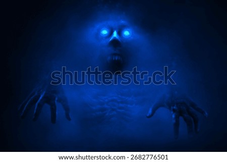 Scary ghost on dark background with smoke mist fog, Hallowen theme