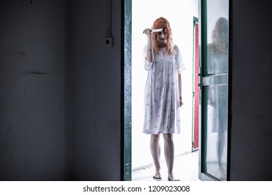 Scary Ghost Woman Nightgown Knife Halloween Stock Photo 1209023008 ...