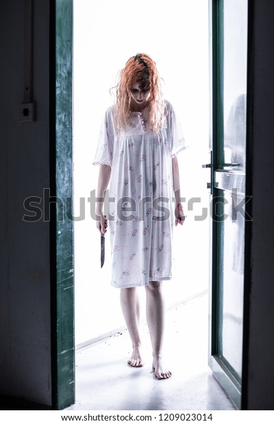 Scary Ghost Woman Nightgown Knife Halloween Stock Photo 1209023014 ...