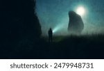 A scary giant bigfoot, silhouetted against the moon with a figure in the foregoround. On a mysterious spooky foggy night in the countryside, With a blurred, grunge edit.