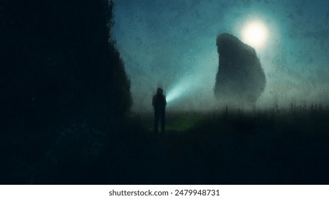 A scary giant bigfoot, silhouetted against the moon with a figure in the foregoround. On a mysterious spooky foggy night in the countryside, With a blurred, grunge edit.