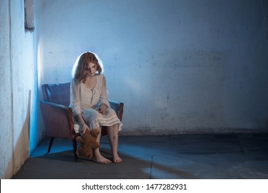 Scary Girl In White Dress From Horror Film In  Room