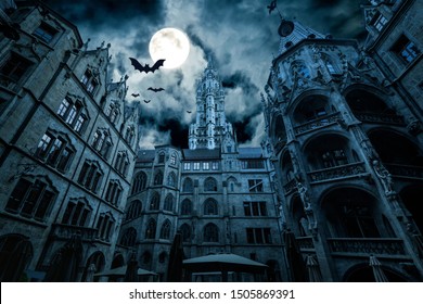 Scary Gothic castle on Halloween night, haunted palace or mansion for dark blue background. Spooky view of old mystery castle and bats in full moon. Horror scene with big gloomy house, fantasy place. - Shutterstock ID 1505869391