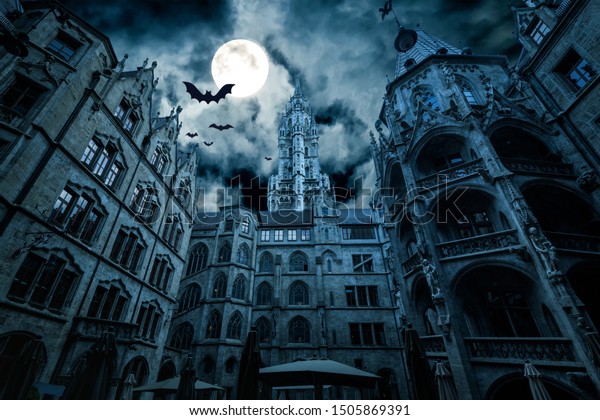 Scary Gothic castle on Halloween night, haunted\
palace or mansion for dark blue background. Spooky view of old\
mystery castle and bats in full moon. Horror scene with big gloomy\
house, fantasy place.