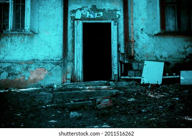 Scary grunge background in horror style, open door entrance to a dangerous staircase of an old crumbling house, steps and stairs to a mystical abandoned ruined dirty dark basement, a feeling of fear