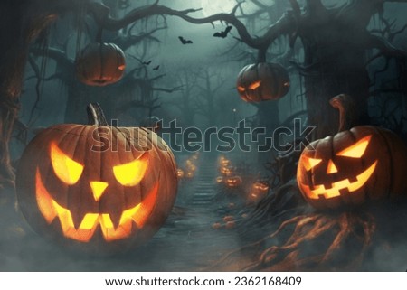 Scary halloween dark park with pumpkins and trees in the night. Halloween, concept. Glowing pumpkin