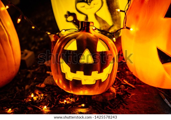 Scary Halloween Decorations Outdoors Night Lighted Stock Photo