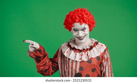 Scary halloween man clown with spooky makeup and wig dressed in costume smiles at camera pointing finger at side, isolated on chroma key green screen background. - Powered by Shutterstock