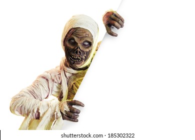 Scary Halloween Mummy Holding A Sign Isolated On White