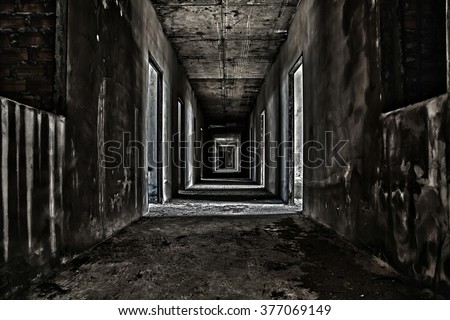 scary hallway walkway in abandoned building
