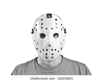 Scary Hockey White Mask  On Young Man Isolated On White