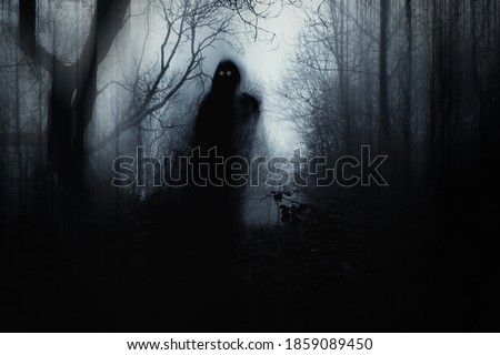 A scary hooded figure with glowing eyes in a spooky forest on a foggy winters day. With a artistic, blurred, abstract, grunge edit.