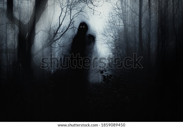 A scary hooded figure with glowing eyes in a spooky\
forest on a foggy winters day. With a artistic, blurred, abstract,\
grunge edit.