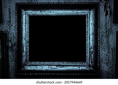 Scary Horror Haunted Black Picture Frame On Grunge Dirty Abandoned House Wall.