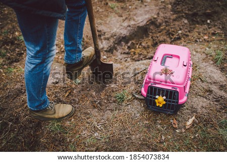 Scary horror scene man digs grave for animal in forest. Terrible loss of little friend. Death of pet. Funeral of cat. Gravedigger at work. RIP pets. Owner digging grave with shovel in forest for dog.