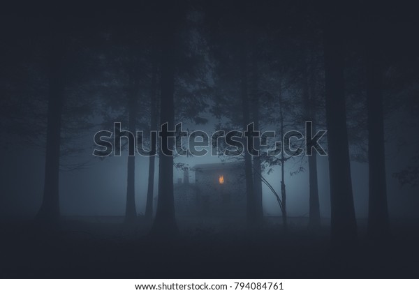 scary house in
mysterious horror forest at
night