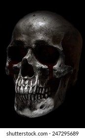 Scary Human Skull, Crying Blood Side, Isolated On Black  Background