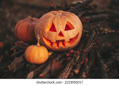 Scary Jack O Lantern Halloween Pumpkins In Sun Day On Ground Among Dry Leaves At Street. Hallows Eve Decoration Funny Glow Pumpkin With Candles On Candlestick At Fall Background In Open Air Near House