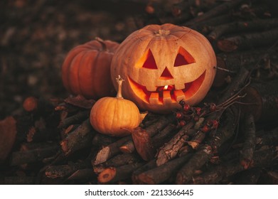 Scary Jack O Lantern Halloween Pumpkins In Sun Day On Ground Among Dry Leaves At Street. Hallows Eve Decoration Funny Glow Pumpkin With Candles On Candlestick At Fall Background In Open Air Near House